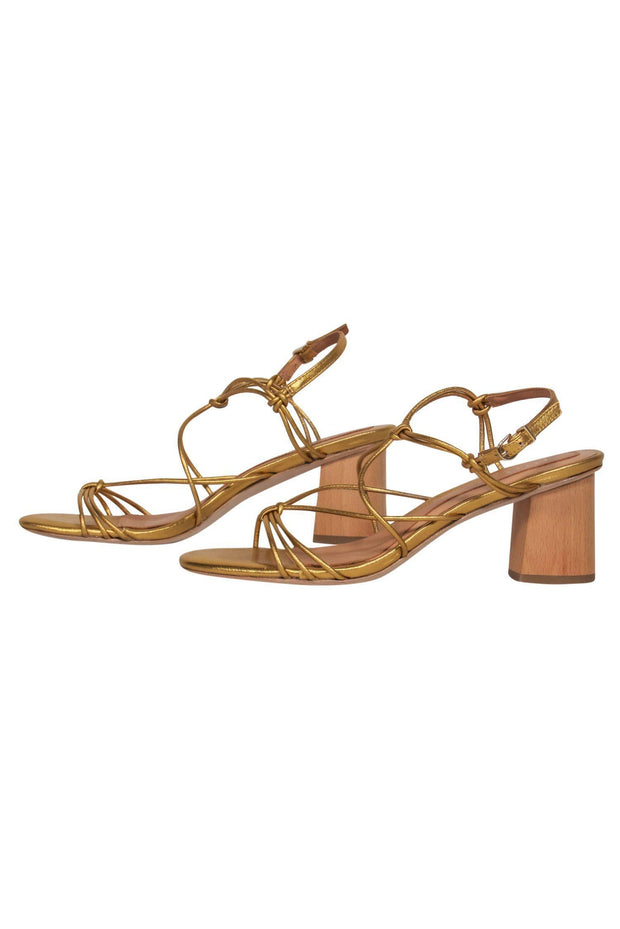 Current Boutique-Joie - Gold Strappy Wooden Block Heel Pumps Sz 6.5