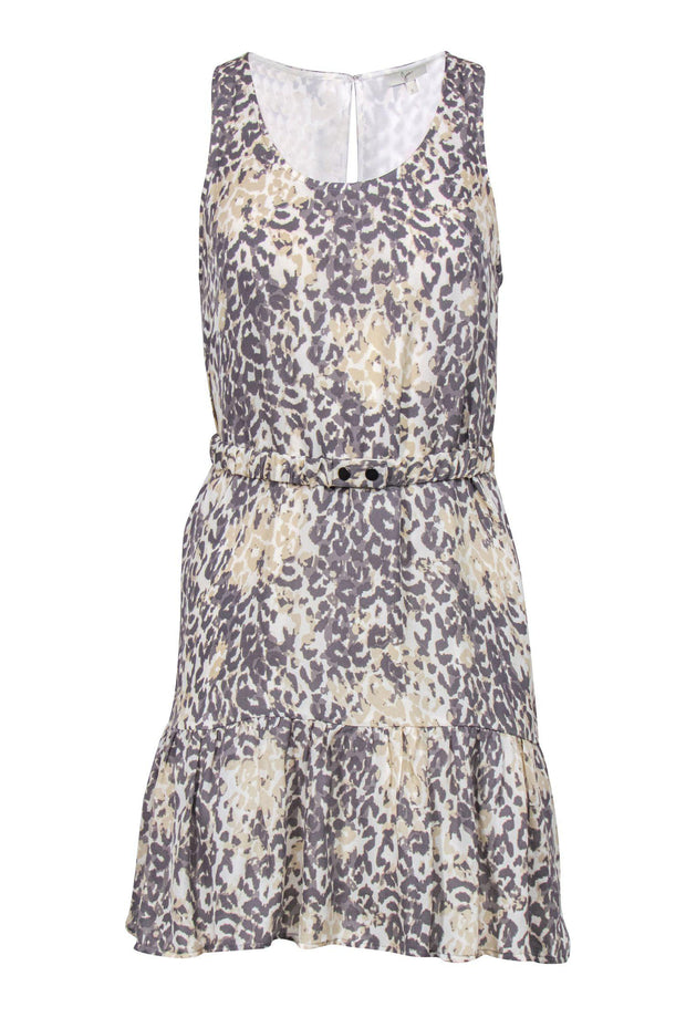 Current Boutique-Joie - Grey & Beige Leopard Print Silk Shift Dress w/ Belt Sz S