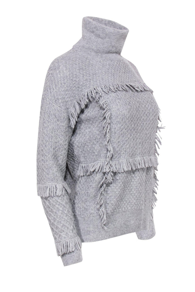 Current Boutique-Joie - Grey Textured Turtleneck Sweater w/ Fringe Sz S
