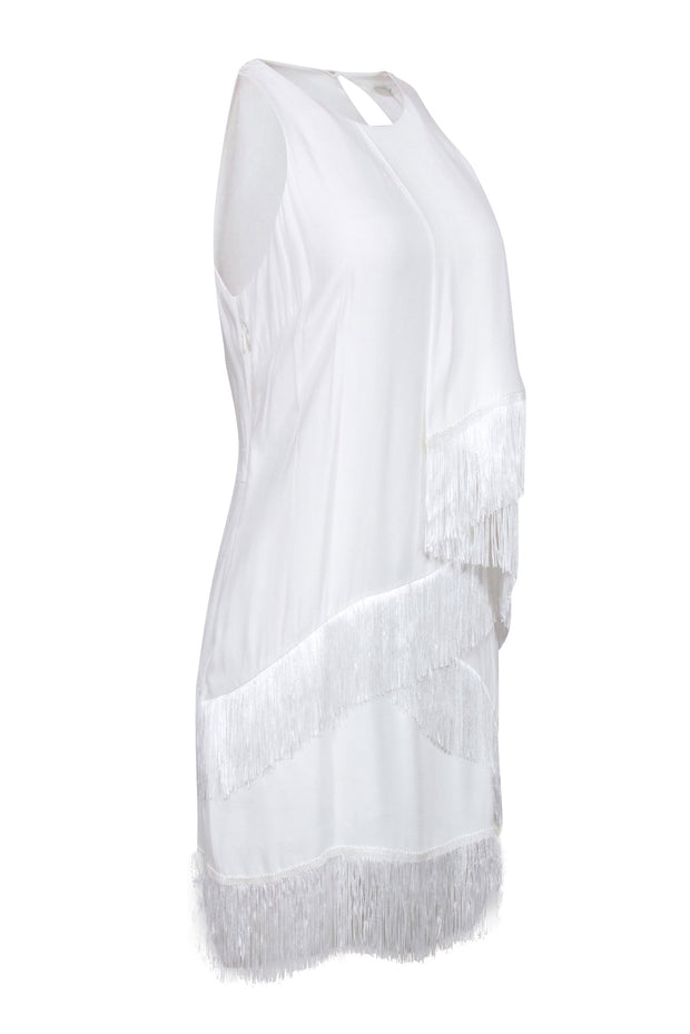 Current Boutique-Joie - Ivory Sleeveless Fringe Hem Mini Dress Sz 8