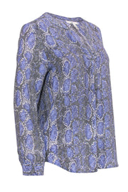 Current Boutique-Joie - Light Blue Snakeskin Print V-Neck Long Sleeve Silk Blouse Sz M