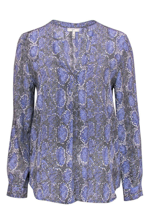 Current Boutique-Joie - Light Blue Snakeskin Print V-Neck Long Sleeve Silk Blouse Sz M
