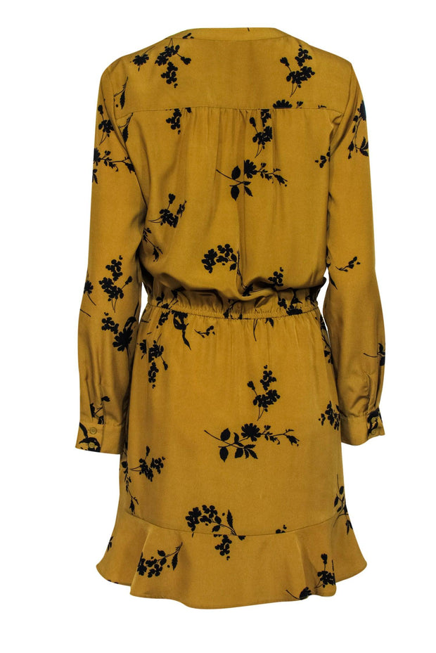 Current Boutique-Joie - Mustard & Black Floral Print Fit & Flare Dress w/ Flounce Hem Sz M