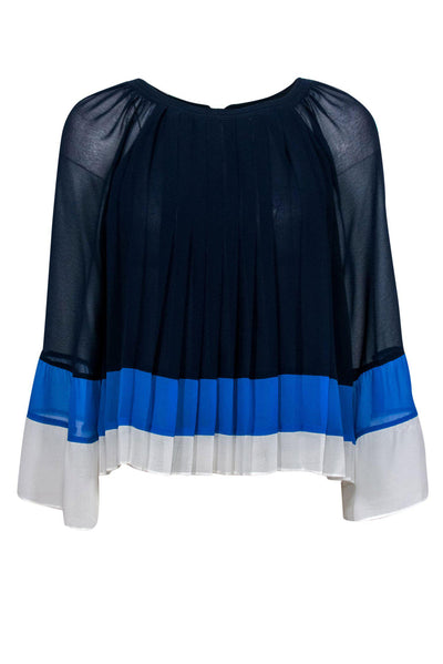 Current Boutique-Joie - Navy, Blue & White Colorblocked Pleated Long Sleeve Blouse Sz XS