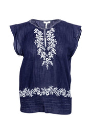 Current Boutique-Joie - Navy Cotton Embroidered Short Sleeve Top Sz S