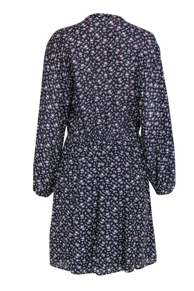 Current Boutique-Joie - Navy Floral Print Long Sleeve Button-Front Shift Dress Sz L