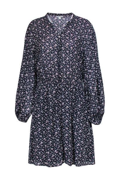 Current Boutique-Joie - Navy Floral Print Long Sleeve Button-Front Shift Dress Sz L