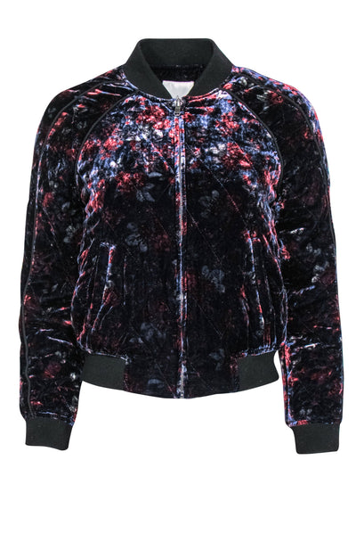 Current Boutique-Joie - Navy & Red Floral Print Velvet Quilted Bomber Jacket Sz S
