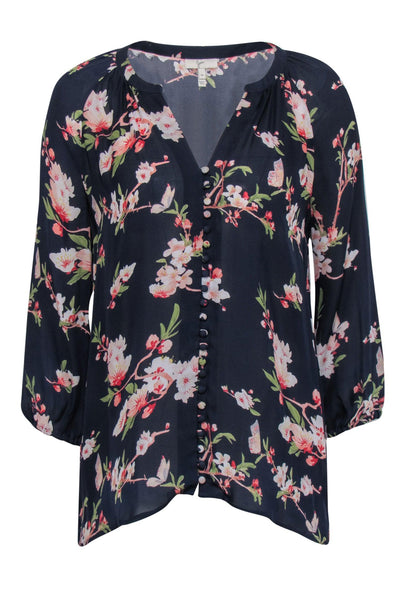 Current Boutique-Joie - Navy Sheer Floral Print Button Down Silk Blouse Sz M