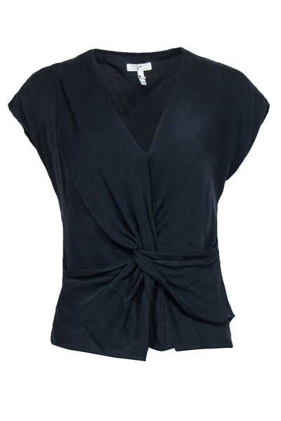 Current Boutique-Joie - Navy Silk Twisted Waist Short Sleeve Blouse Sz XS