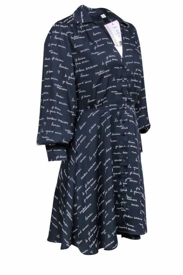 Current Boutique-Joie - Navy & White Cursive Print Long Sleeve Button-Down Dress Sz 6