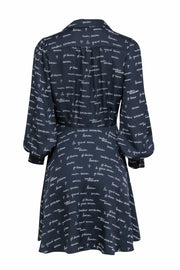 Current Boutique-Joie - Navy & White Cursive Print Long Sleeve Button-Down Dress Sz 6
