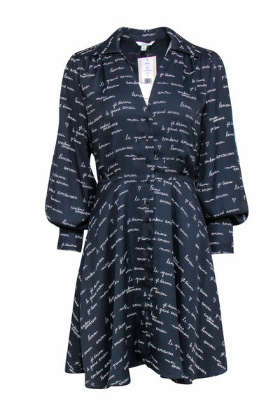 Current Boutique-Joie - Navy & White Cursive Print Long Sleeve Button-Down Dress Sz 6