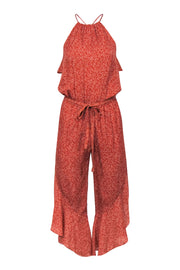 Current Boutique-Joie - Orange & Beige Leaf Print Flared Belted Jumpsuit Sz XS