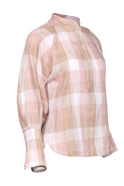 Current Boutique-Joie - Pale Pink & Beige Plaid Cotton Blouse Sz S