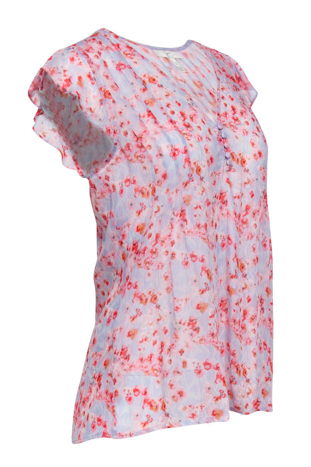 Current Boutique-Joie - Pink & Blue Floral Print Cap Sleeve Silk Blouse Sz S