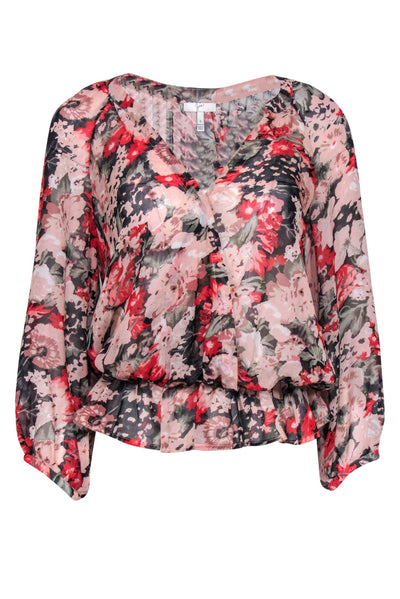 Current Boutique-Joie - Pink & Multicolor Floral Print Silk Blouse w/ Flounce Hem Sz S