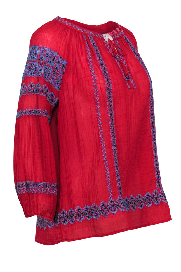 Current Boutique-Joie - Red & Blue Embroidered Cotton Blouse w/ Beaded Tassels Sz S