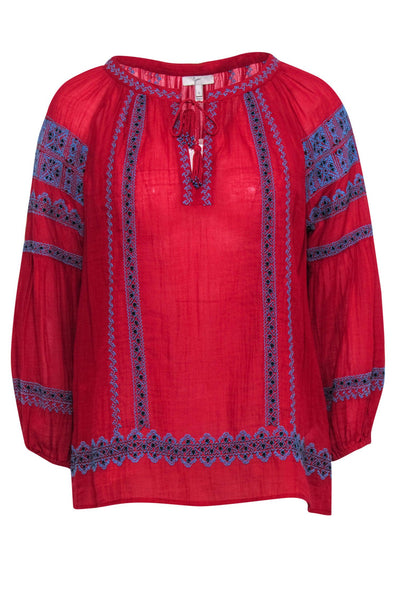 Current Boutique-Joie - Red & Blue Embroidered Cotton Blouse w/ Beaded Tassels Sz S