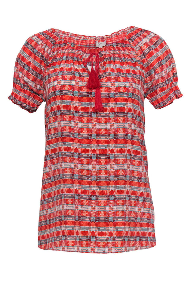 Current Boutique-Joie - Red & Blue Patterned Silk Peasant Top Sz XXS