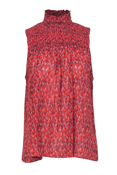 Current Boutique-Joie - Red & Pink Patterned Silk Mock Neck Sleeveless Top Sz M