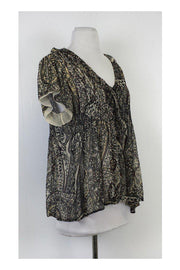 Current Boutique-Joie - Tan Grey & Auburn Print Pintucked Silk Top Sz S