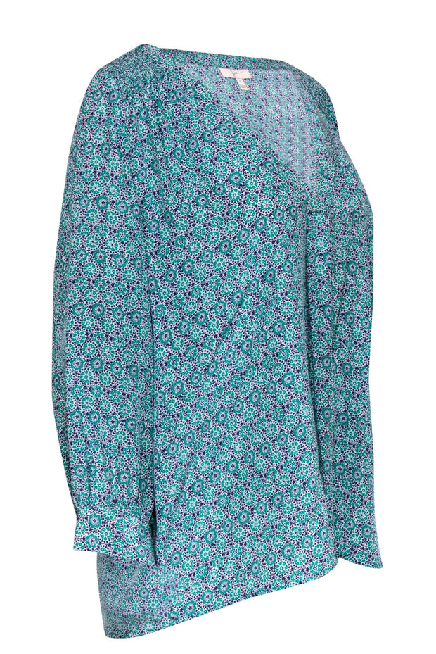 Current Boutique-Joie - Teal & Navy Floral Silk Peasant-Style Blouse Sz L