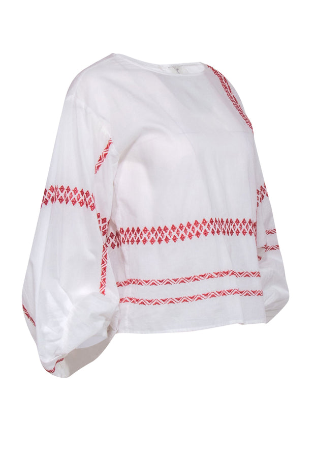 Current Boutique-Joie - White Cotton Puff Sleeve Peasant Blouse w/ Red Stitching Sz XS
