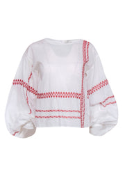 Current Boutique-Joie - White Cotton Puff Sleeve Peasant Blouse w/ Red Stitching Sz XS