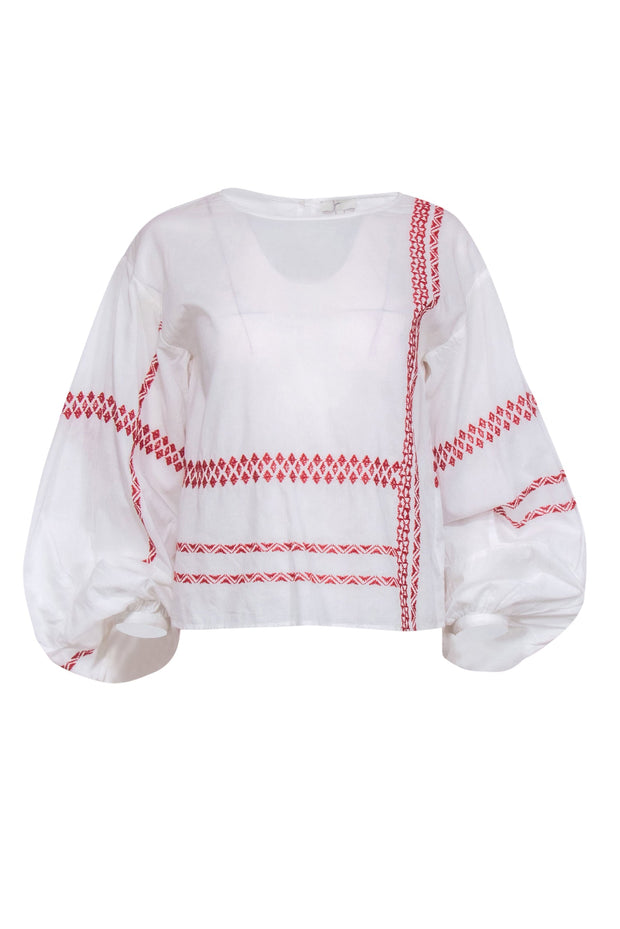 Current Boutique-Joie - White Cotton Puff Sleeve Peasant Blouse w/ Red Stitching Sz XS