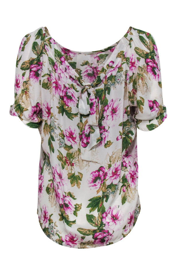 Current Boutique-Joie - White Floral Silk Puffed Sleeve Top w/ Bow Sz S