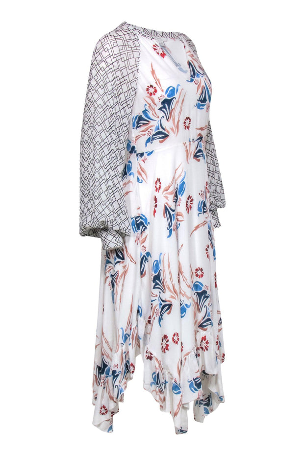 Current Boutique-Joie - White Floral and Diamond Print Long Sleeve Midi Dress Sz 2