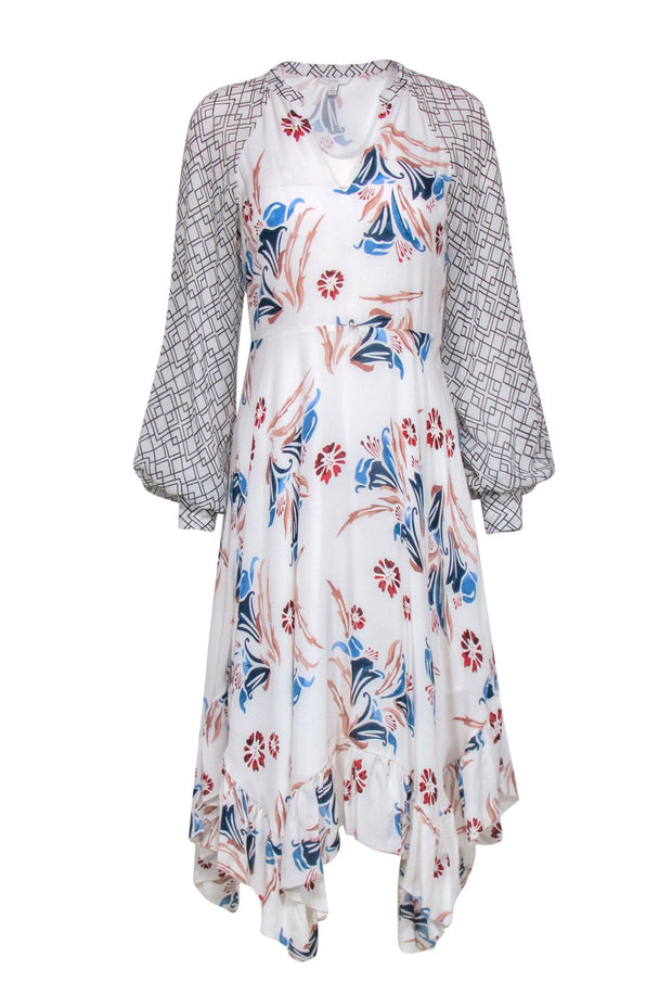 Current Boutique-Joie - White Floral and Diamond Print Long Sleeve Midi Dress Sz 2