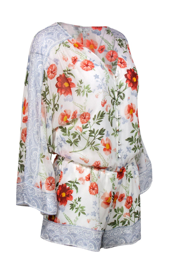 Current Boutique-Joie - White & Multicolored Floral Print Button-Up Silk Romper w/ Paisley Trim Sz S