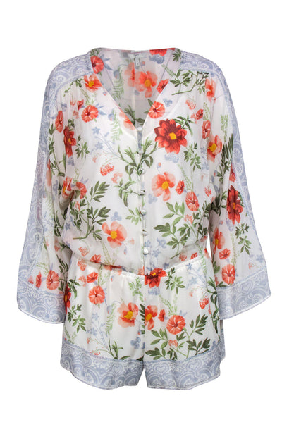 Current Boutique-Joie - White & Multicolored Floral Print Button-Up Silk Romper w/ Paisley Trim Sz S
