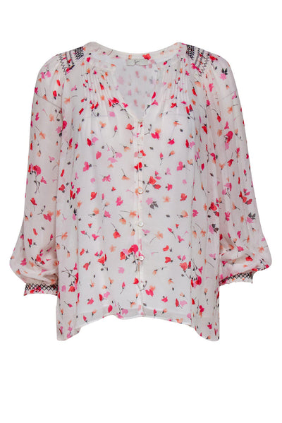 Current Boutique-Joie - White & Pink Floral Print Button-Up Long Sleeve Blouse Sz S