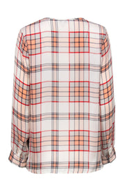 Current Boutique-Joie - White, Red & Peach Plaid Button-Up Long Sleeve Silk Blouse Sz L