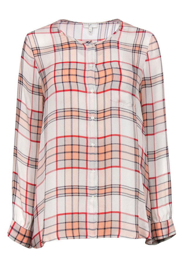 Current Boutique-Joie - White, Red & Peach Plaid Button-Up Long Sleeve Silk Blouse Sz L