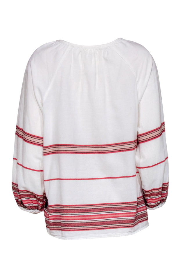 Current Boutique-Joie - White, Red & Pink Striped Long Sleeve Cotton Blouse Sz L