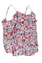 Current Boutique-Joie - White Silk Cold Shoulder Ruffle Blouse w/ Red & Blue Florals Sz M
