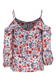 Current Boutique-Joie - White Silk Cold Shoulder Ruffle Blouse w/ Red & Blue Florals Sz M