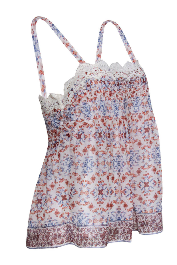 Current Boutique-Joie - White Silk Printed Camisole w/ Finger Pinch Pleating Sz M