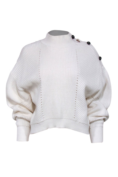 Current Boutique-Joie - White Textured Knit Funnel Neck Sweater w/ Buttoned Shoulder Sz M