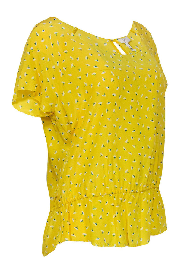 Current Boutique-Joie - Yellow Floral Print Short Sleeve Silk Blouse w/ Peplum Hem Sz L