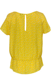 Current Boutique-Joie - Yellow Floral Print Short Sleeve Silk Blouse w/ Peplum Hem Sz L