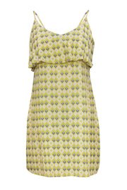 Current Boutique-Joie - Yellow, White & Blue Geometric Print Spaghetti Strap Silk Shift Dress w/ Flounce Sz S