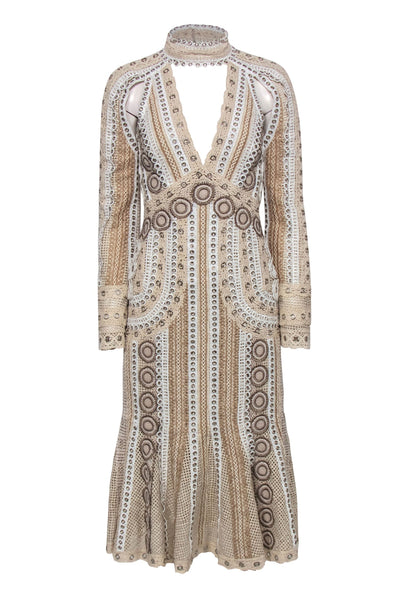 Current Boutique-Jonathan Simkhai - Beige & White Lace & Grommet Midi Dress w/ Cutouts Sz 2