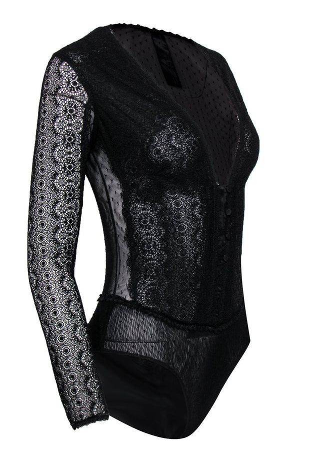 Current Boutique-Jonathan Simkhai - Black Long Sleeve Lace Bodysuit Sz S