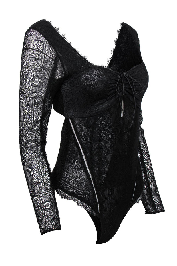 Current Boutique-Jonathan Simkhai - Black Long Sleeve Lace Bodysuit w/ Ruched Bust Sz XS