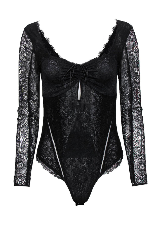Current Boutique-Jonathan Simkhai - Black Long Sleeve Lace Bodysuit w/ Ruched Bust Sz XS
